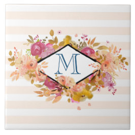 Azulejo De Cerâmica Buquê Floral Cor-de-Laranja e Rosa com Quadro Diam