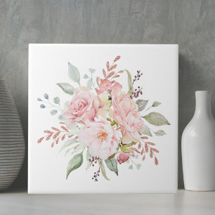 Azulejo De Cerâmica Buquê Floral de Rosa e Peônia Rosa Elegante