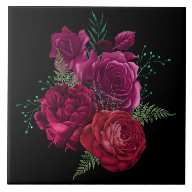 Azulejo De Cerâmica Buquê Floral Elegante Magenta Rosa (Frente)