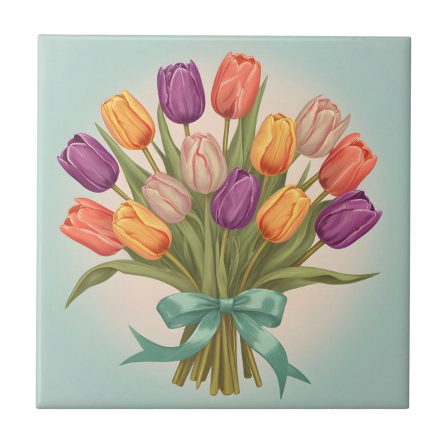 Azulejo De Cerâmica buquê primavera tulipas (Frente)