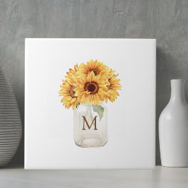 Azulejo De Cerâmica Buquê Russo de Girassol de Aquarela em Mason Jar