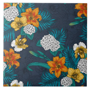 Azulejo De Cerâmica Buquê tropical em azul