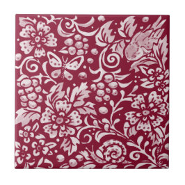 Azulejo De Cerâmica Burgundy Bird Butterfly Snail Berry Forest Floral