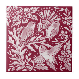 Azulejo De Cerâmica Burgundy Birds Thistle Floral Woodland