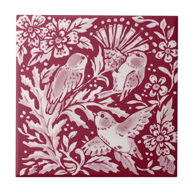 Azulejo De Cerâmica Burgundy Birds Thistle Floral Woodland (Frente)