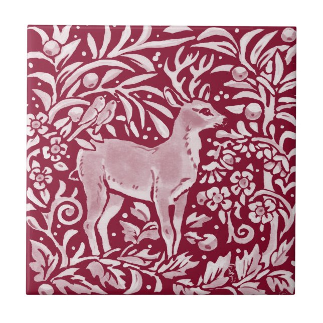 Azulejo De Cerâmica Burgundy Deer Buck Birds Woodland Animal (Frente)
