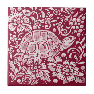 Azulejo De Cerâmica Burgundy Turtle Snail Floresta Floral Animal 