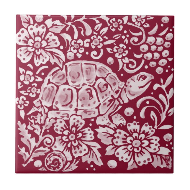 Azulejo De Cerâmica Burgundy Turtle Snail Floresta Floral Animal  (Frente)