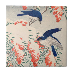 Azulejo De Cerâmica Bush e Fly Catchers na Neve por Ohara Koson