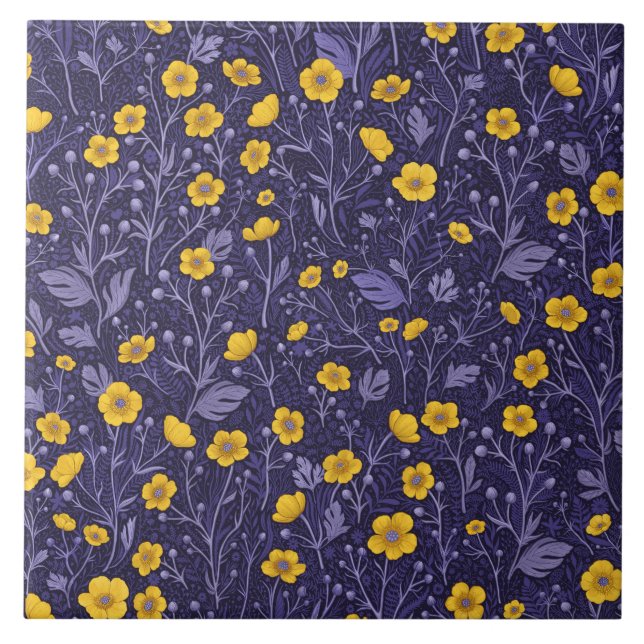 Azulejo De Cerâmica Buttercups, amarelo e violeta (Frente)