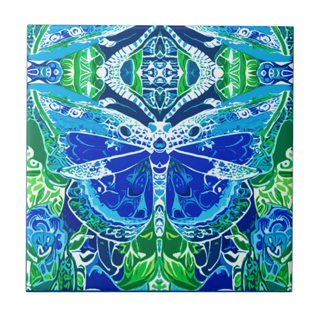 Azulejo De Cerâmica Butterfly e Medallion Batik Padrões em Azul (Frente)