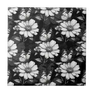 Azulejo De Cerâmica Butterfly On Flower Patterne Design - Preto