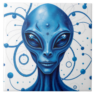 Azulejo De Cerâmica Cabeça de Alien Azul Closeup Arte Ficção Científic