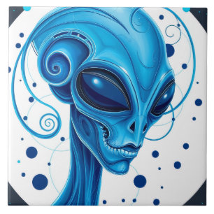 Azulejo De Cerâmica Cabeça de Alien Azul Closeup Arte Ficção Científic