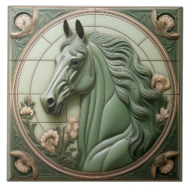 Azulejo De Cerâmica Cabeça de Cavalo Art Nouveau em verde sálvia falso