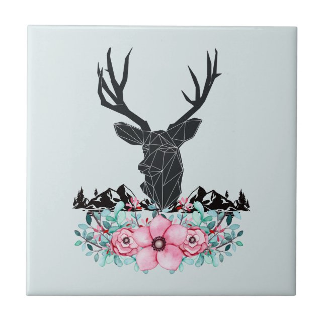 Azulejo De Cerâmica Cabeça de cervo preto com flores e montanhas cor-d (Frente)
