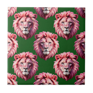Azulejo De Cerâmica Cabeça de Leão Rosa Animal Desenho de Estampa Verd