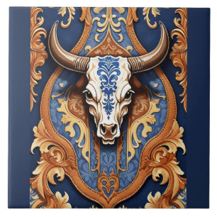 Azulejo De Cerâmica Cabeça de Vaca com Aparência de Couro Trabalhado a