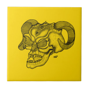 Azulejo De Cerâmica Cabeça do diabo preto e Design amarelo