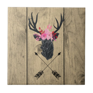 Azulejo De Cerâmica Cabeça Geométrica de Veado com Flores e Setas Cruz