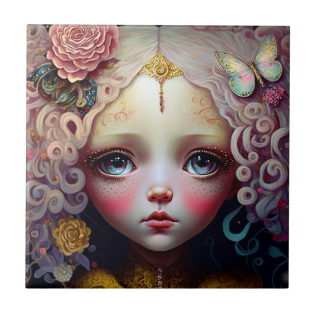Azulejo De Cerâmica Cabelo Rosa Bonito Menina Bonita (Frente)