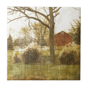 Azulejo De Cerâmica Cabina Vermelha Fazenda de Árvore Primitiva na Flo