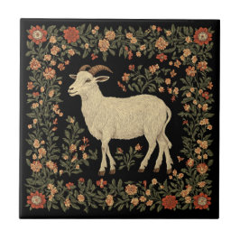 Azulejo De Cerâmica Cabra Enfeitiçada & Design de Arte Folclórica Flor