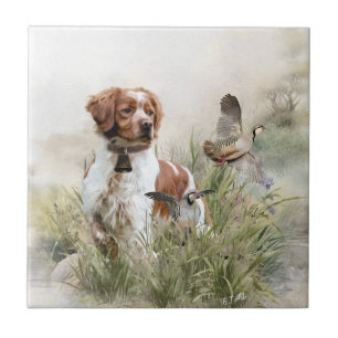 Azulejo De Cerâmica Caça com um cão Brittany, Art