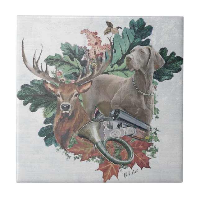 Azulejo De Cerâmica Caça com um Weimaraner, "Espírito de Cinzas" (Frente)