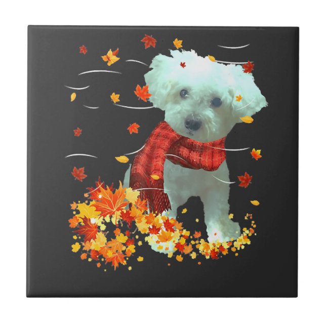 Azulejo De Cerâmica Cachecol de Outono Poochon - Cães Folhas de Outono (Frente)