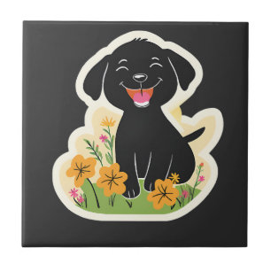 Azulejo De Cerâmica Cachorrinho Preto Feliz em Flores Campestres