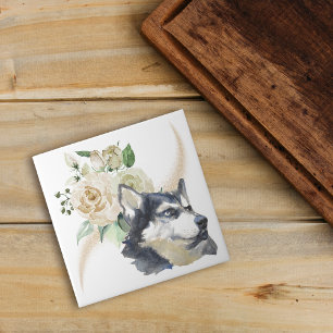 Azulejo De Cerâmica Cachorro-Buquê-de-Rosa Branco
