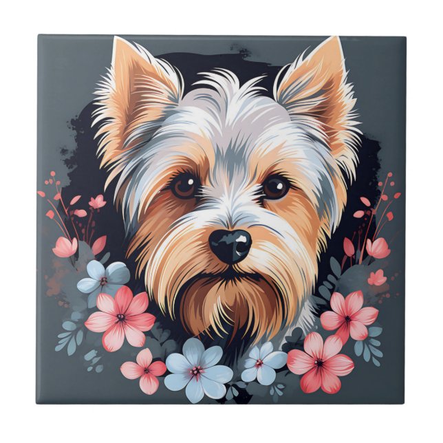 Azulejo De Cerâmica Cachorro Cachorro Yorkshire Terrier Flowers (Frente)