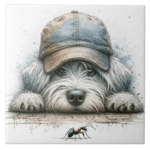 Azulejo De Cerâmica Cachorro caprichoso olhando para uma aranha