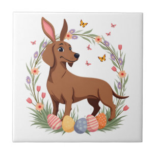 Azulejo De Cerâmica Cachorro Dachshund Coelho de Páscoa Vintage com Ov