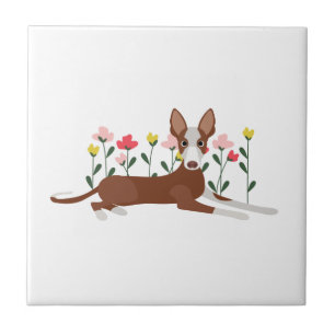 Azulejo De Cerâmica Cachorro de Cartoon em Flores Rosa e Amarelo