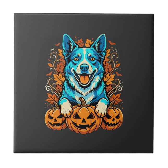 Azulejo De Cerâmica Cachorro de Halloween com Abóboras Jack O Lantern_ (Frente)