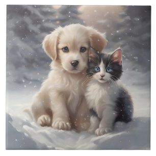 Azulejo De Cerâmica Cachorro e Kitten na Portrata da Neve