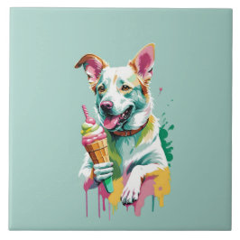 Azulejo De Cerâmica Cachorro feliz comendo um sorvete