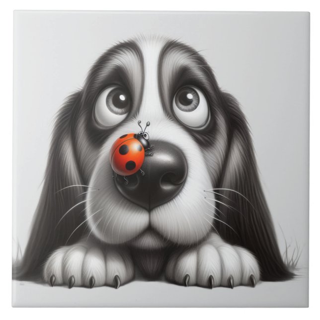 Azulejo De Cerâmica Cachorro fofo com joaninha (Frente)