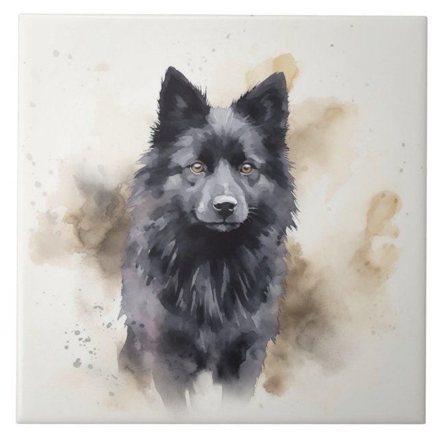 Azulejo De Cerâmica Cachorro Negro Schipperke, Aquarela Pet art (Frente)