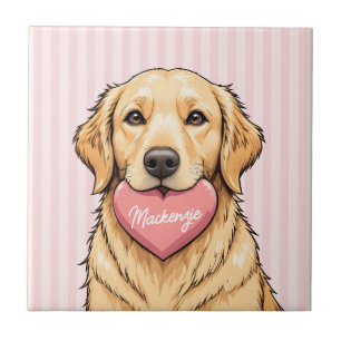 Azulejo De Cerâmica Cachorro Personalizado com Coração Rosa