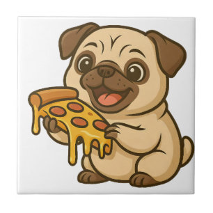 Azulejo De Cerâmica Cachorro pug fofo desenho animado amante de pizza