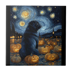 Azulejo De Cerâmica Cachorro Pug preto da noite estrelada de van gogh 