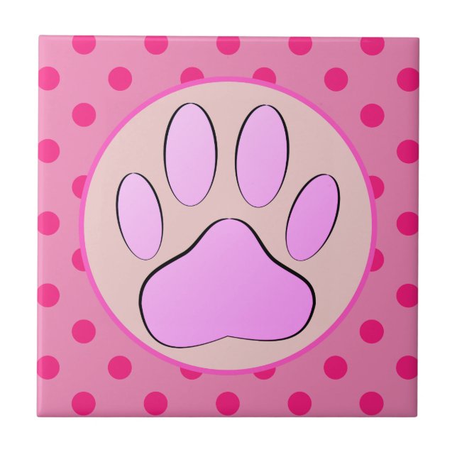 Azulejo De Cerâmica Cachorro Rosa Bebê Bolinhas de Pawprint  redondas (Frente)