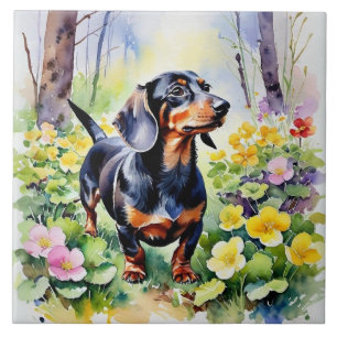 Azulejo De Cerâmica Cachorro Salsicha Bonito Primaveras Flores Primave