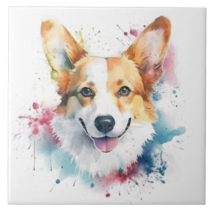 Azulejo De Cerâmica Cachorro Welsh Corgi, Pet em Aquarela