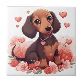 Azulejo De Cerâmica Cachshund Puppy Bonito com Corações