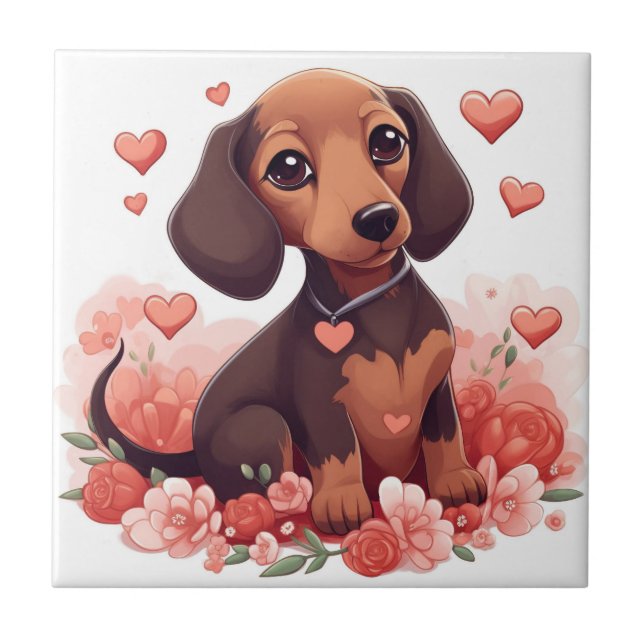 Azulejo De Cerâmica Cachshund Puppy Bonito com Corações (Frente)