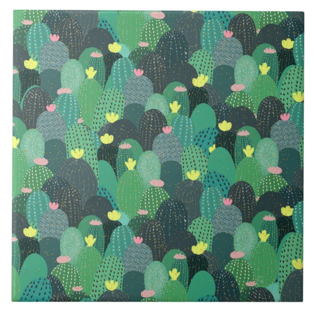 Azulejo De Cerâmica Cactus Dourados, verde-verão, ponto-verde-Design (Frente)